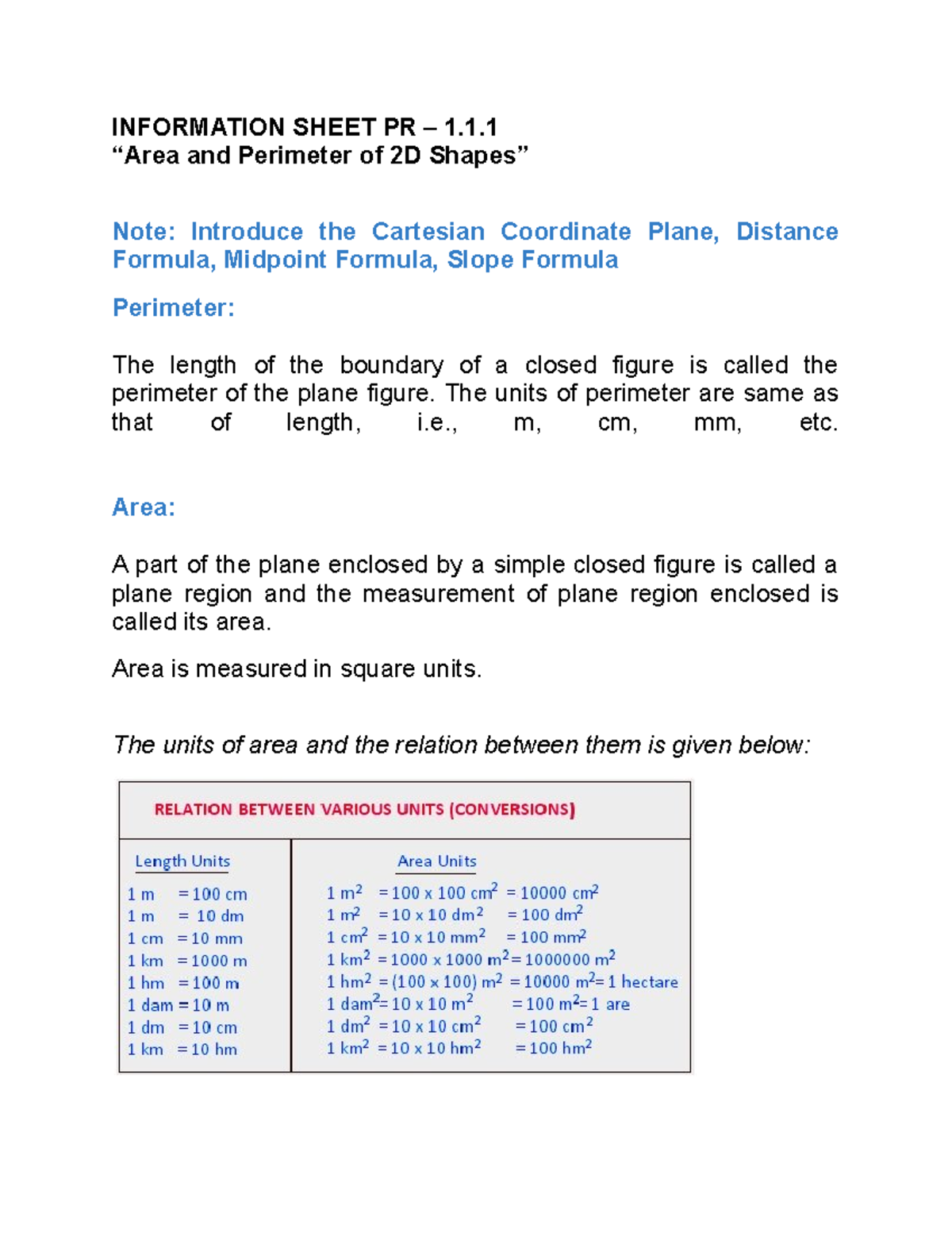 CN101 Prelim - Academic - INFORMATION SHEET PR – 1. “Area and Perimeter ...