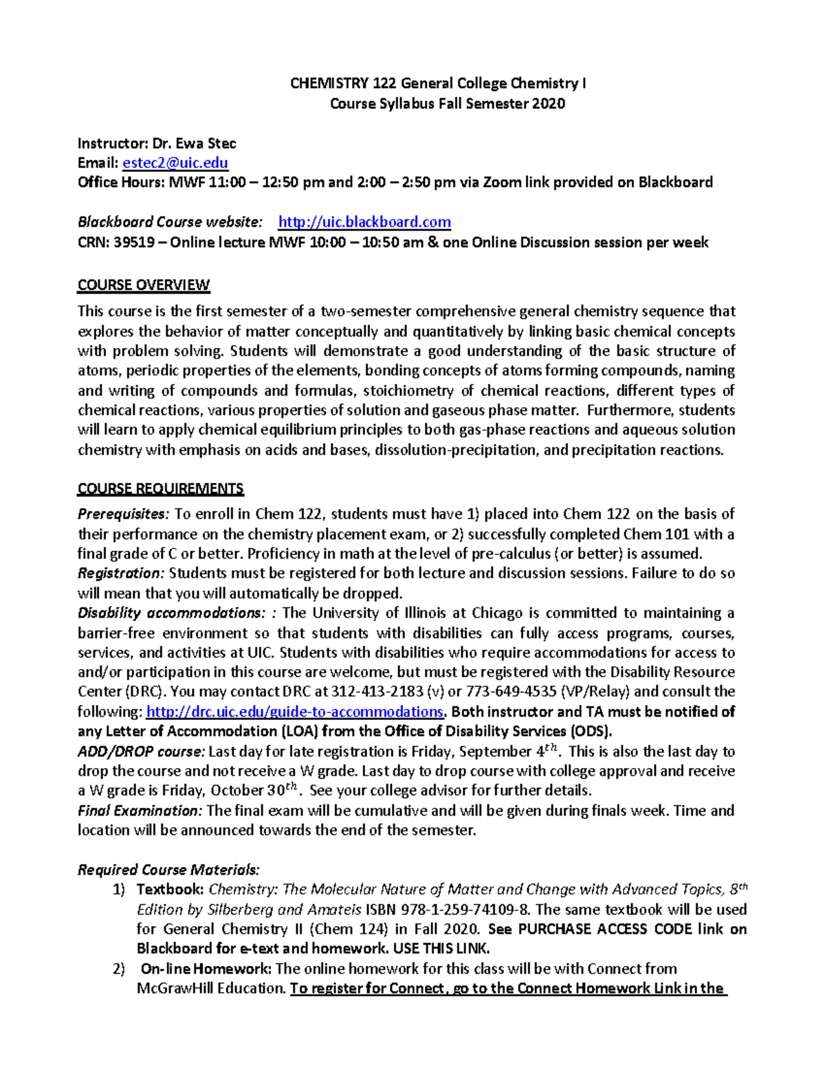 CHEM 122 Syllabus Fall 2020 CHEMISTRY 122 General College Chemistry I