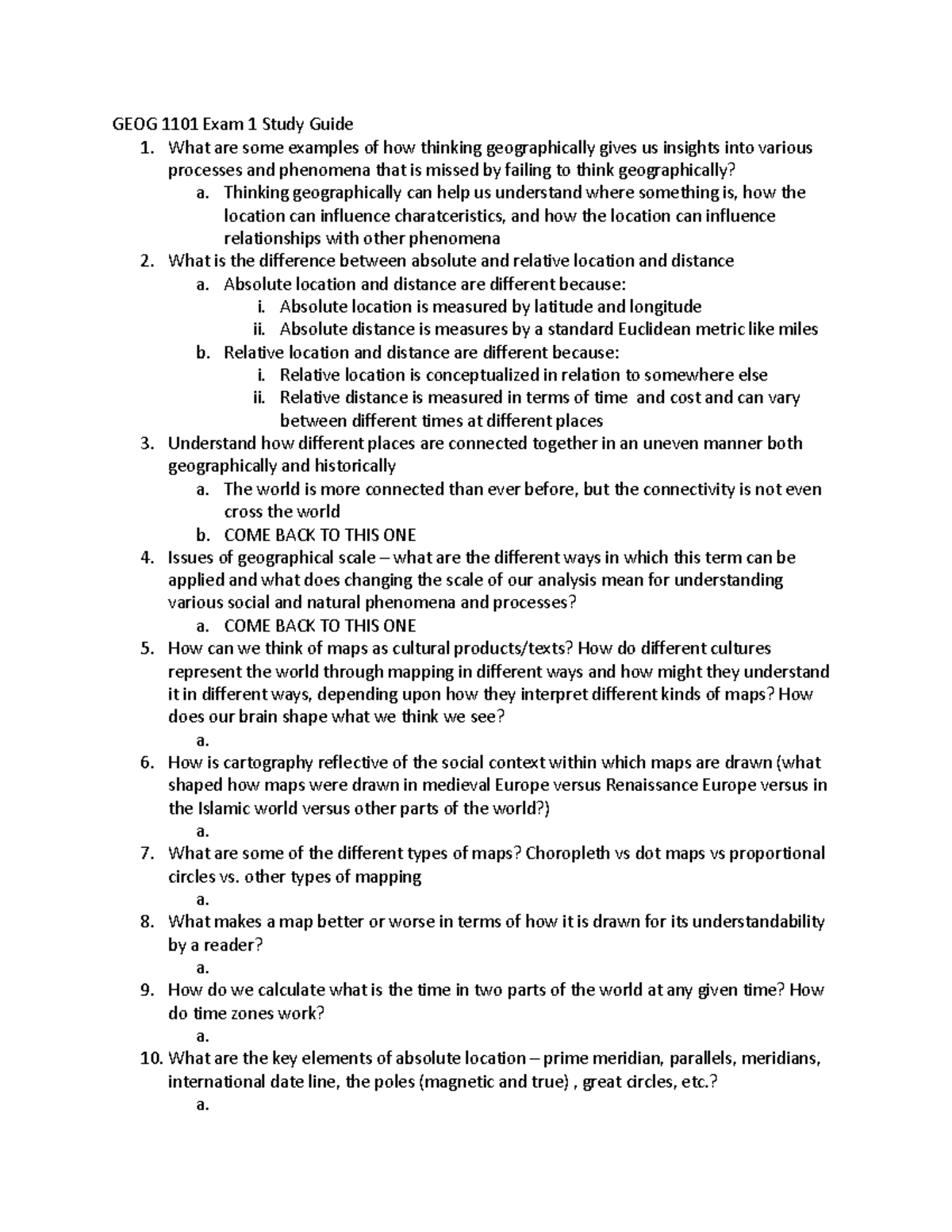 GEOG 1101 Exam 1 Study Guide - GEOG 1101 Exam 1 Study Guide 1. What Are ...