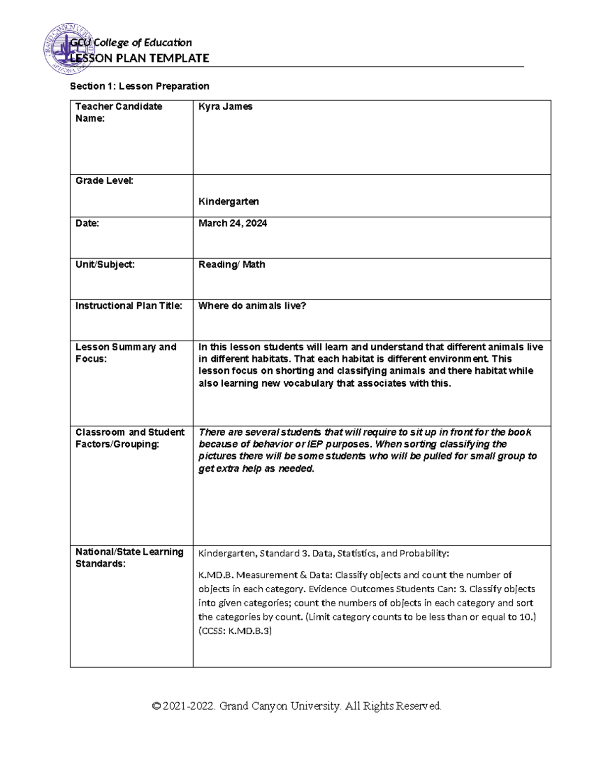 Lesson plan kindergarden - LESSON PLAN TEMPLATE Section 1: Lesson ...