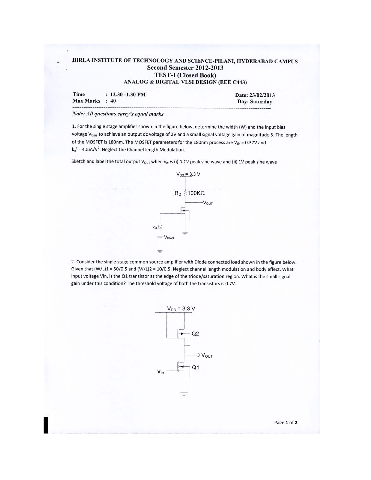 Test+1 - First Quiz Questions - Analog & Digital VLSI Design - Studocu