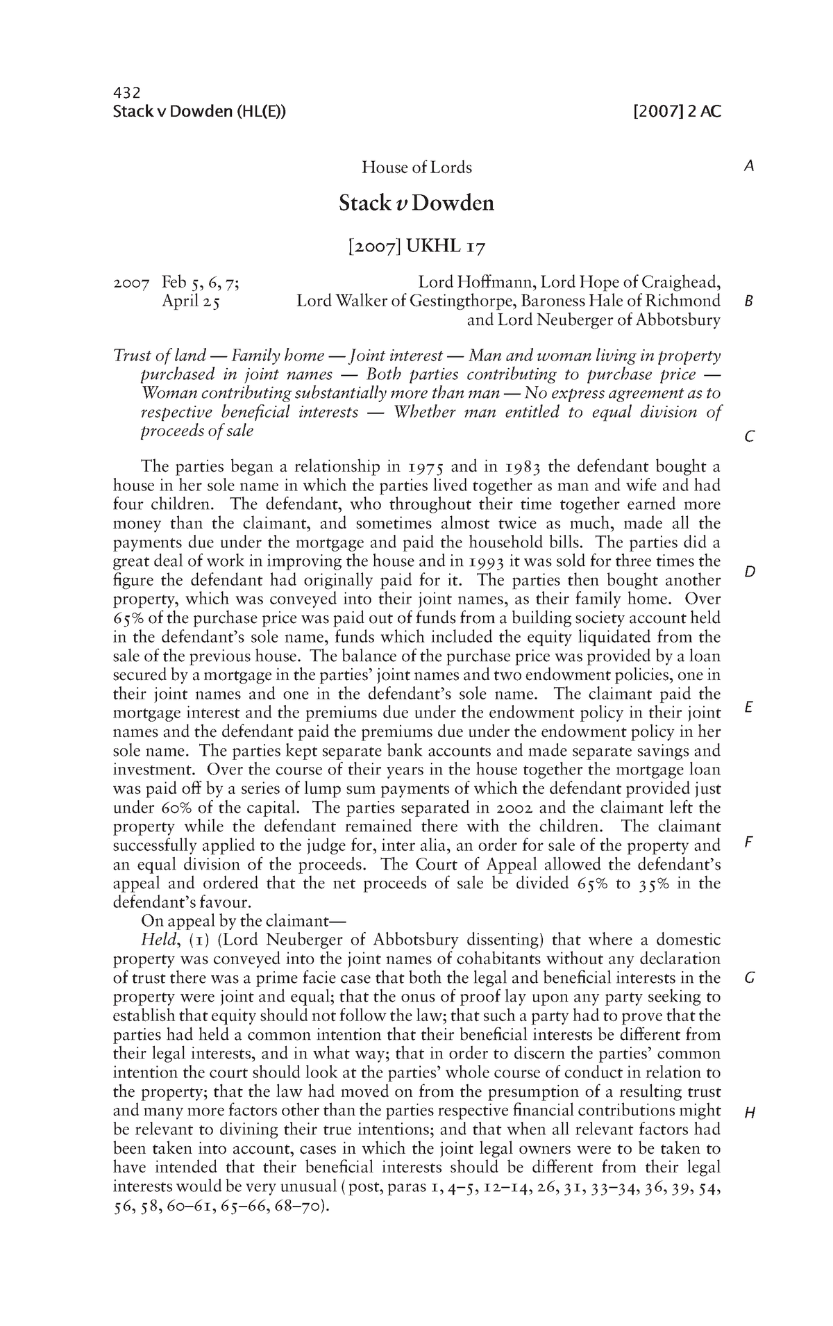 432 Stack V Dowden - Cohabitants And Joint Ownership - Equitable And ...