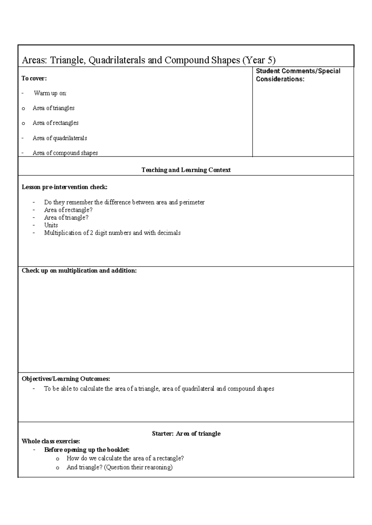 Year 5 Areas lesson plan - Areas: Triangle, Quadrilaterals and Compound ...