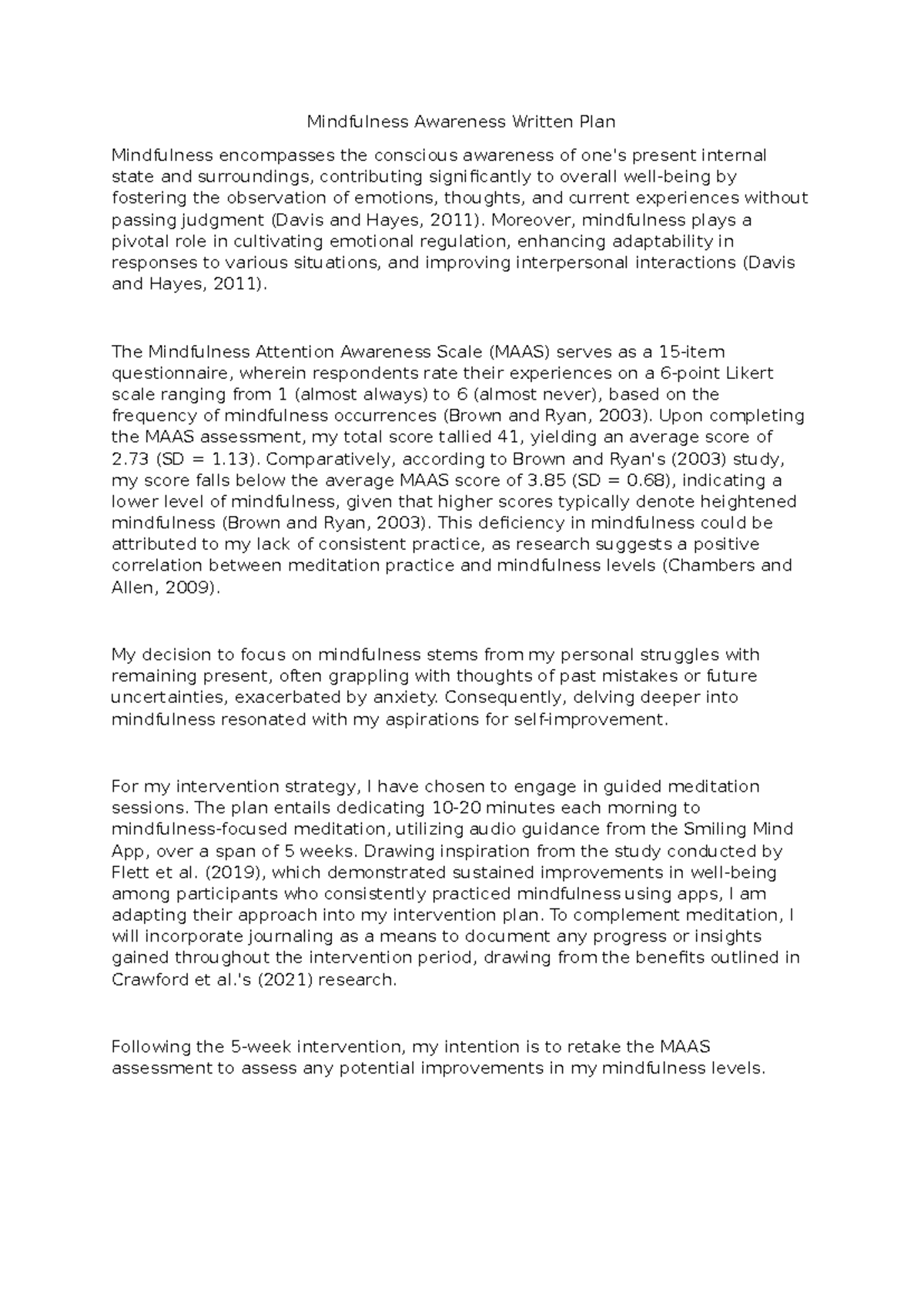 Mindfulness Awareness Written Plan - Mindfulness Awareness Written Plan ...