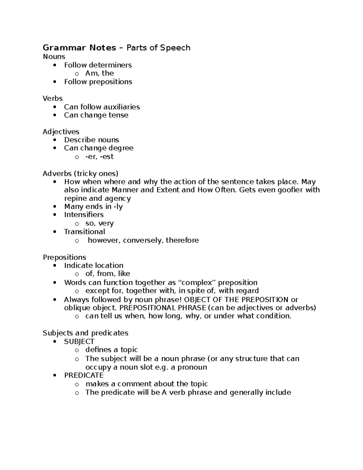 Grammar Notes Parts of Speech - Grammar Notes – Parts of Speech Nouns ...