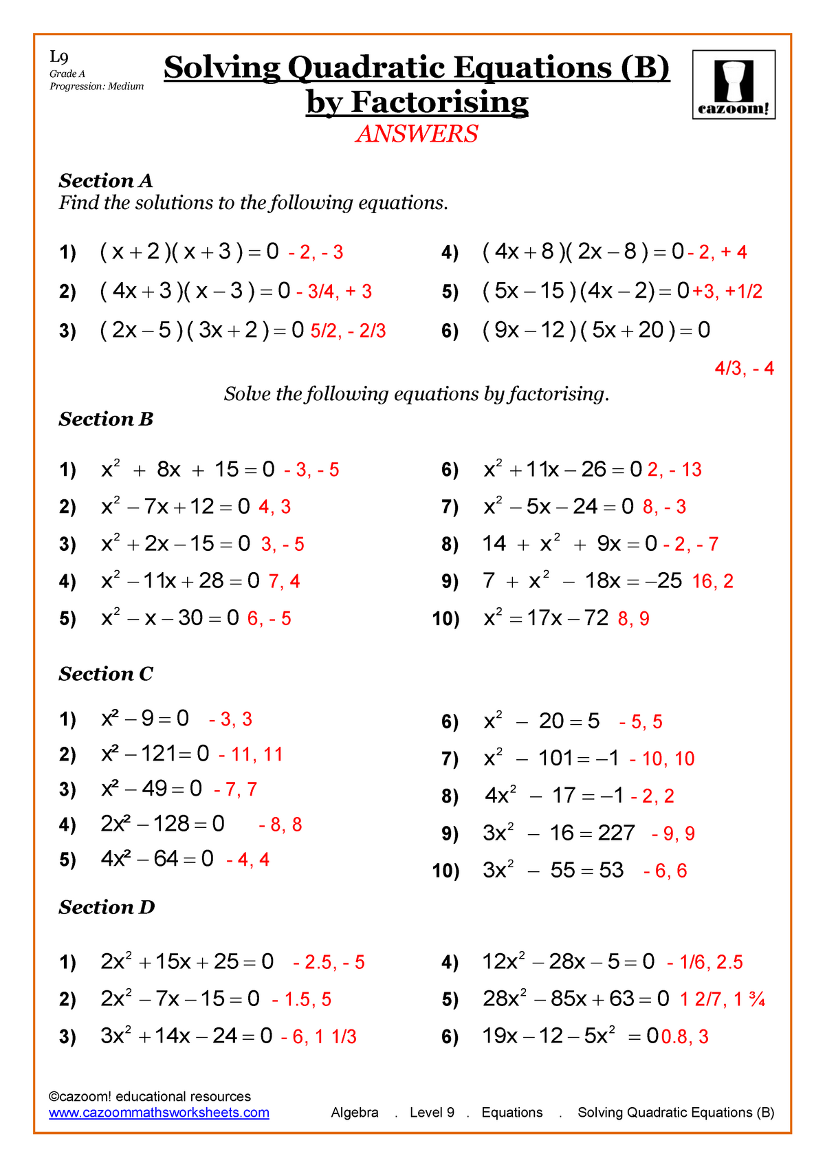 Algebra.-Equations - practice test for beginners - ©cazoom! educational ...