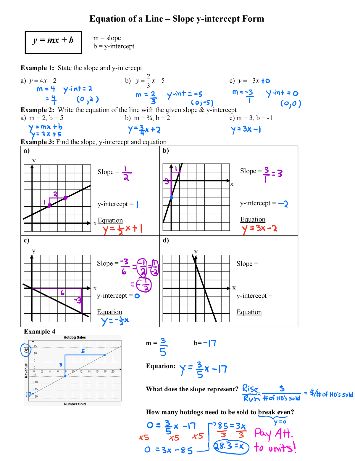 Equation of a Line y-intercept Form HW - Equation of a Line – Slope y ...