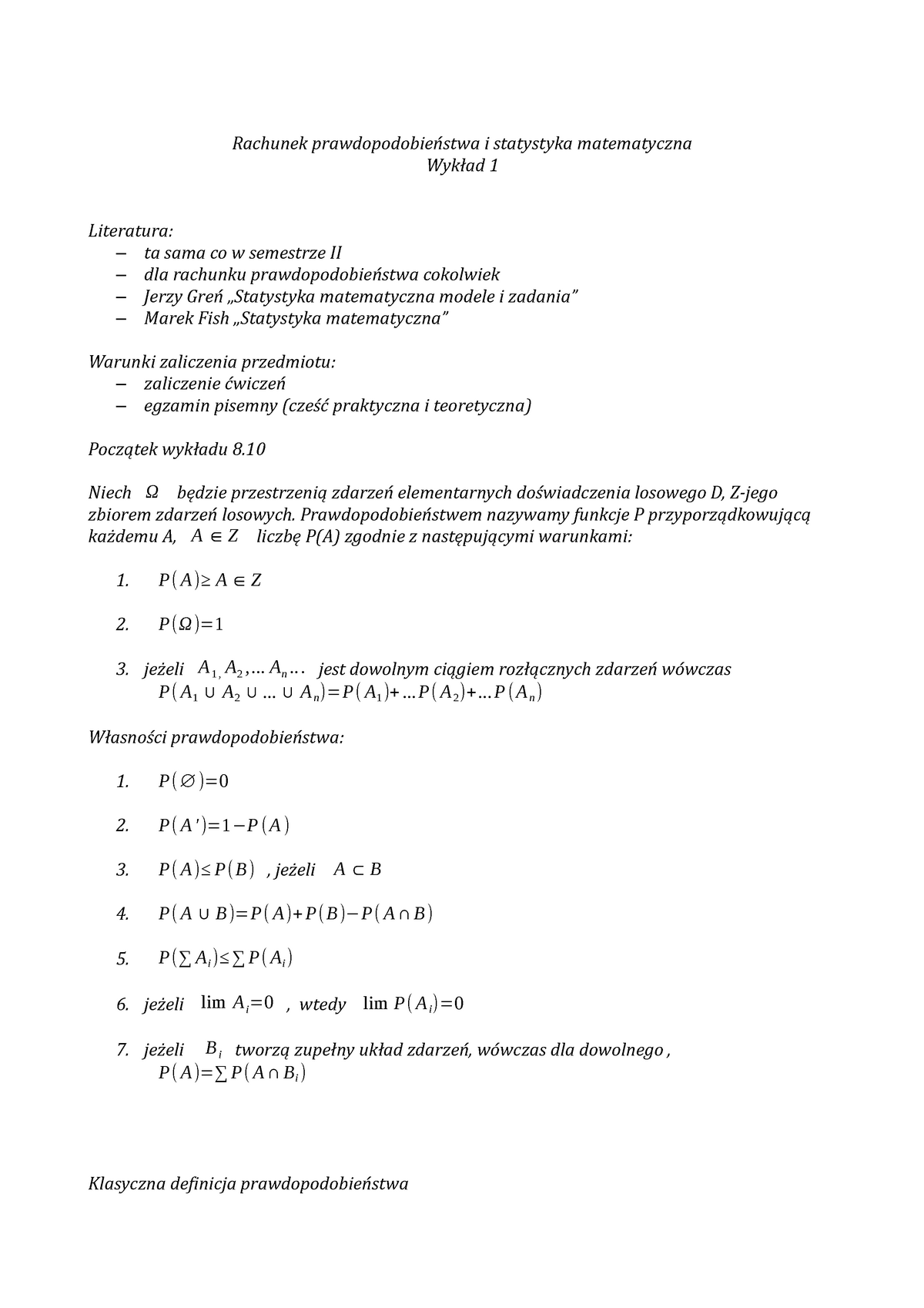 Rachunek Prawdopodobienstwa I Statystyka Matematyczna Wyklad 1 ...