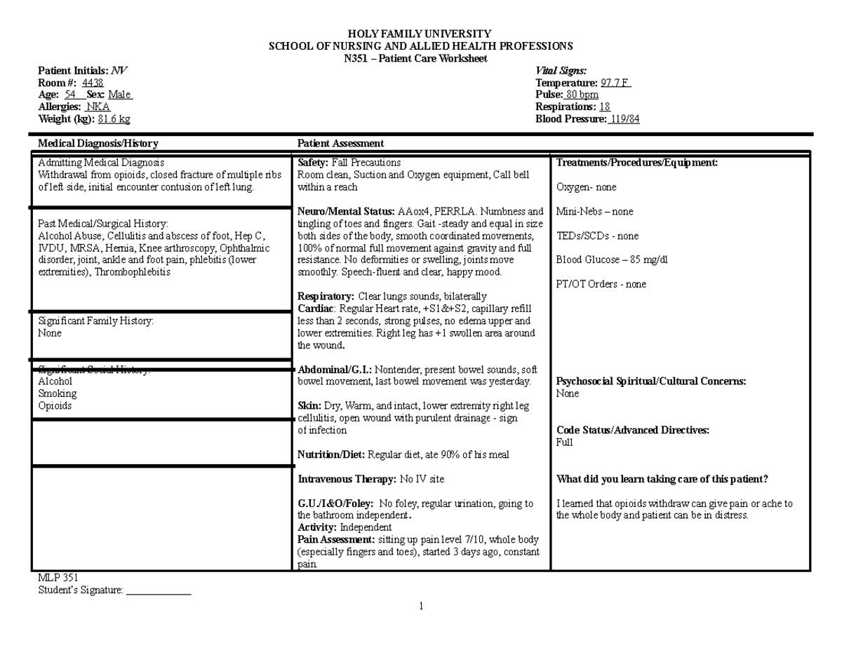 351 Patient Care Worksheet 1 - HOLY FAMILY UNIVERSITY SCHOOL OF NURSING ...