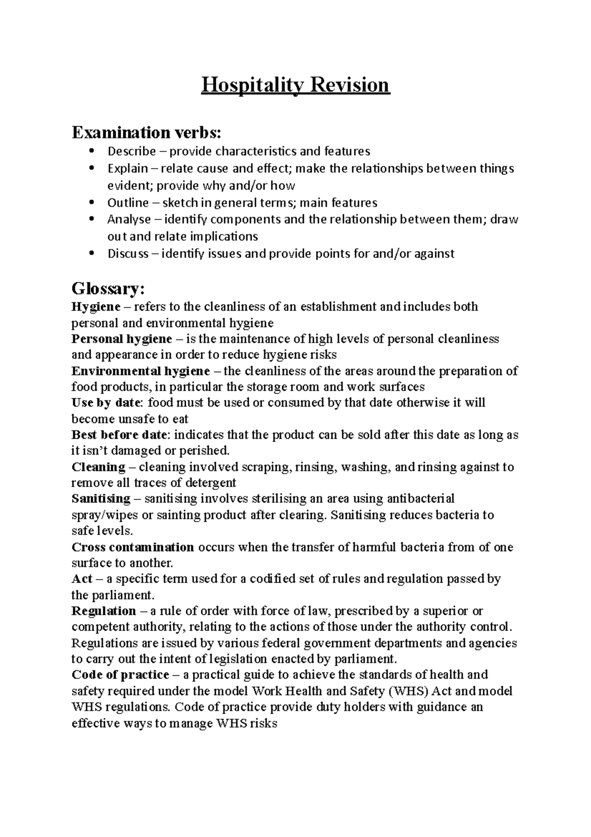 Hospitality Revision Hospitality Revision Examination verbs Describe provide