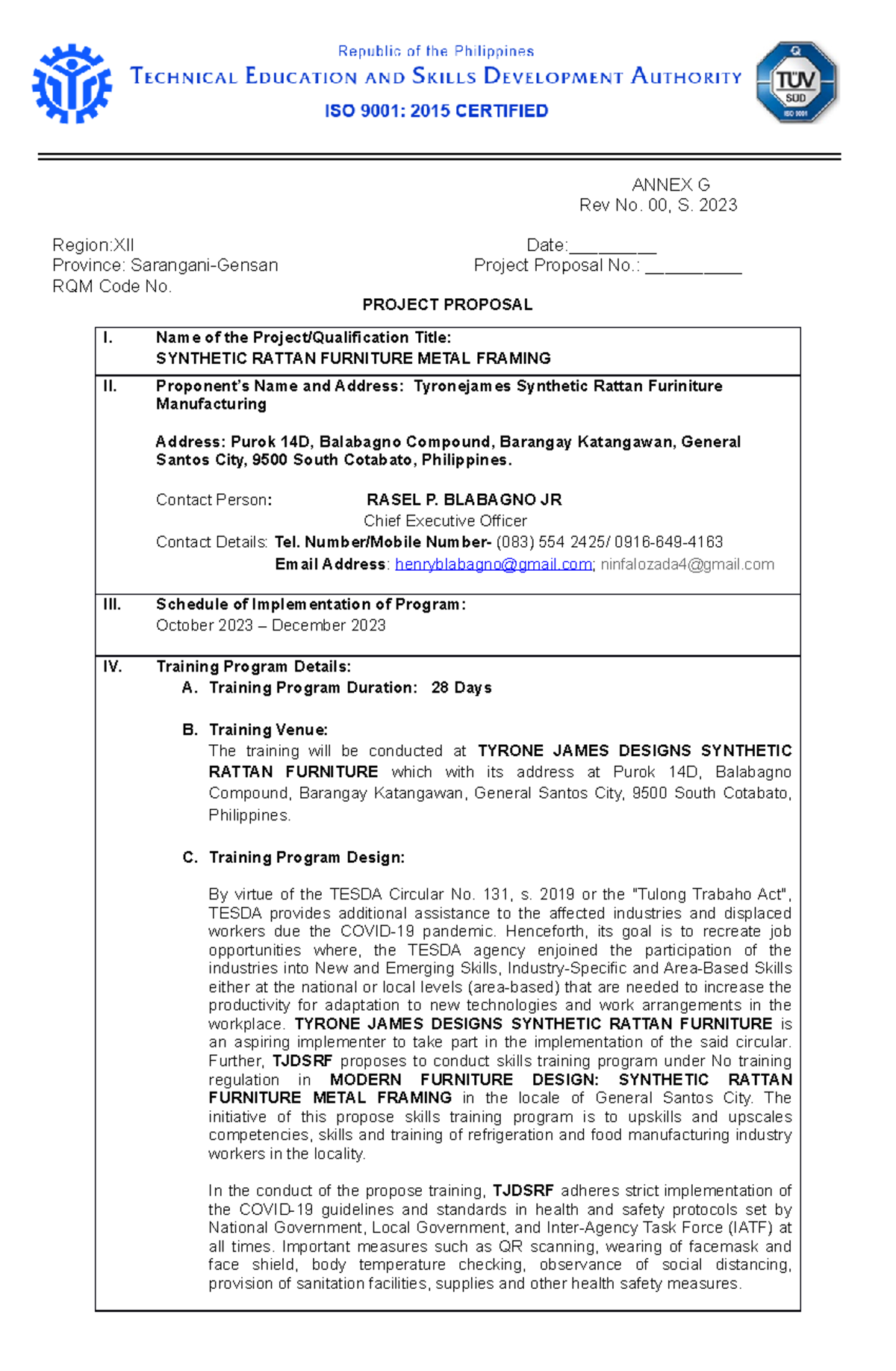 Tyrone. Project Metal Framing ANNEX G Rev No. 00, S. 2023 RegionXII