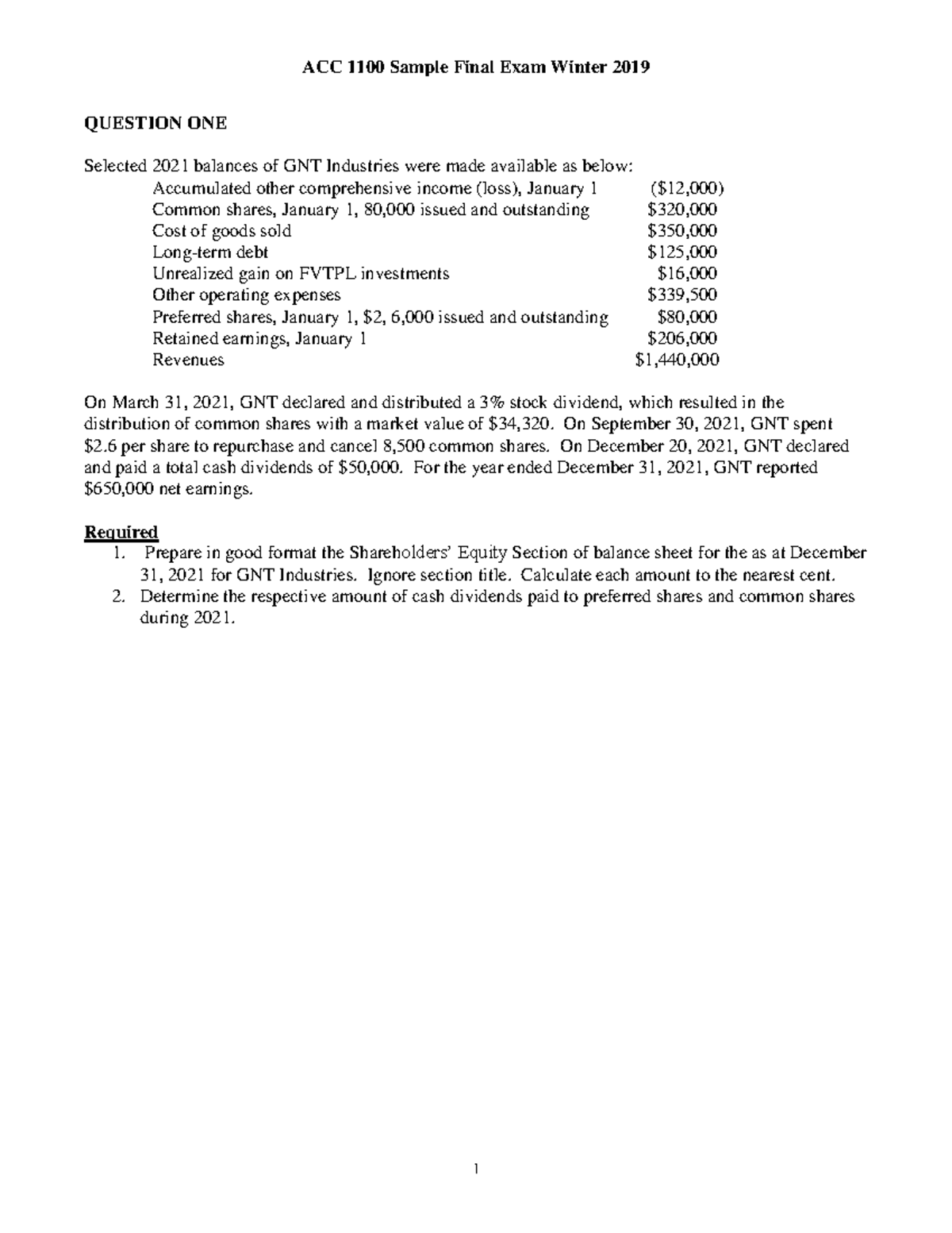 Final Exam April Winter 2019, questions and answers - ACC 1100 Sample ...