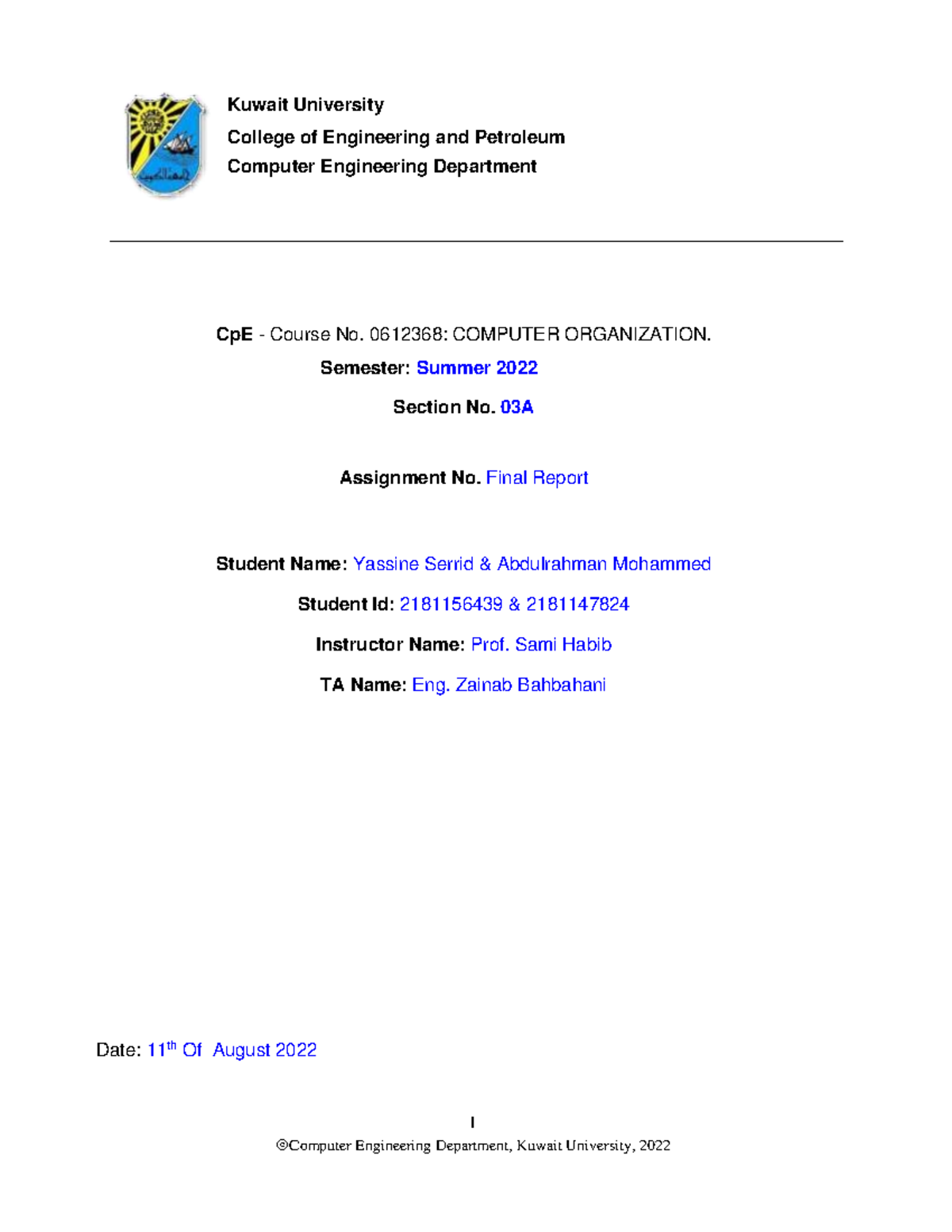 Phase 3 Final Report Org Project RISC X - 1 Kuwait University College ...