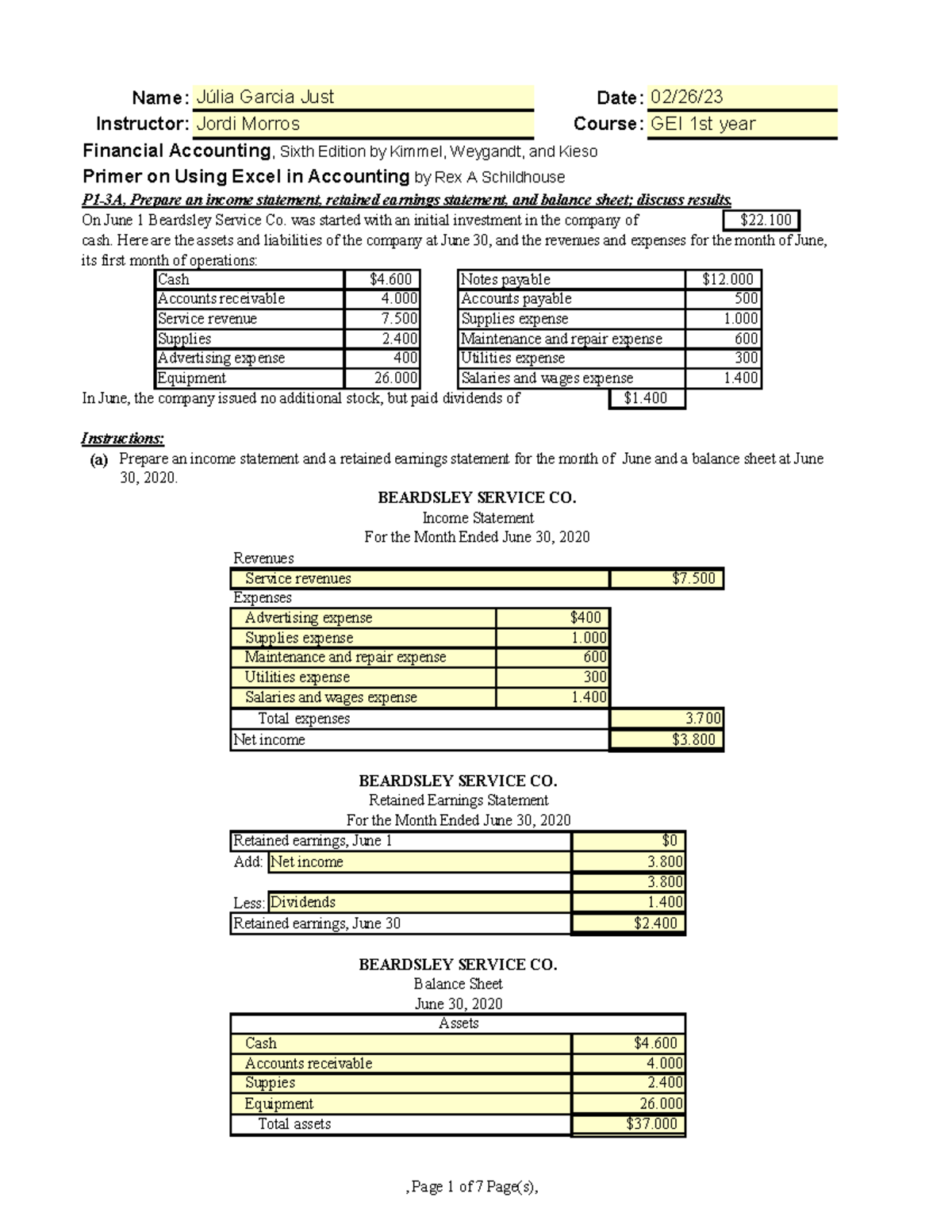 Financial Statements Exercise - Add: Less: BEARDSLEY SERVICE CO ...