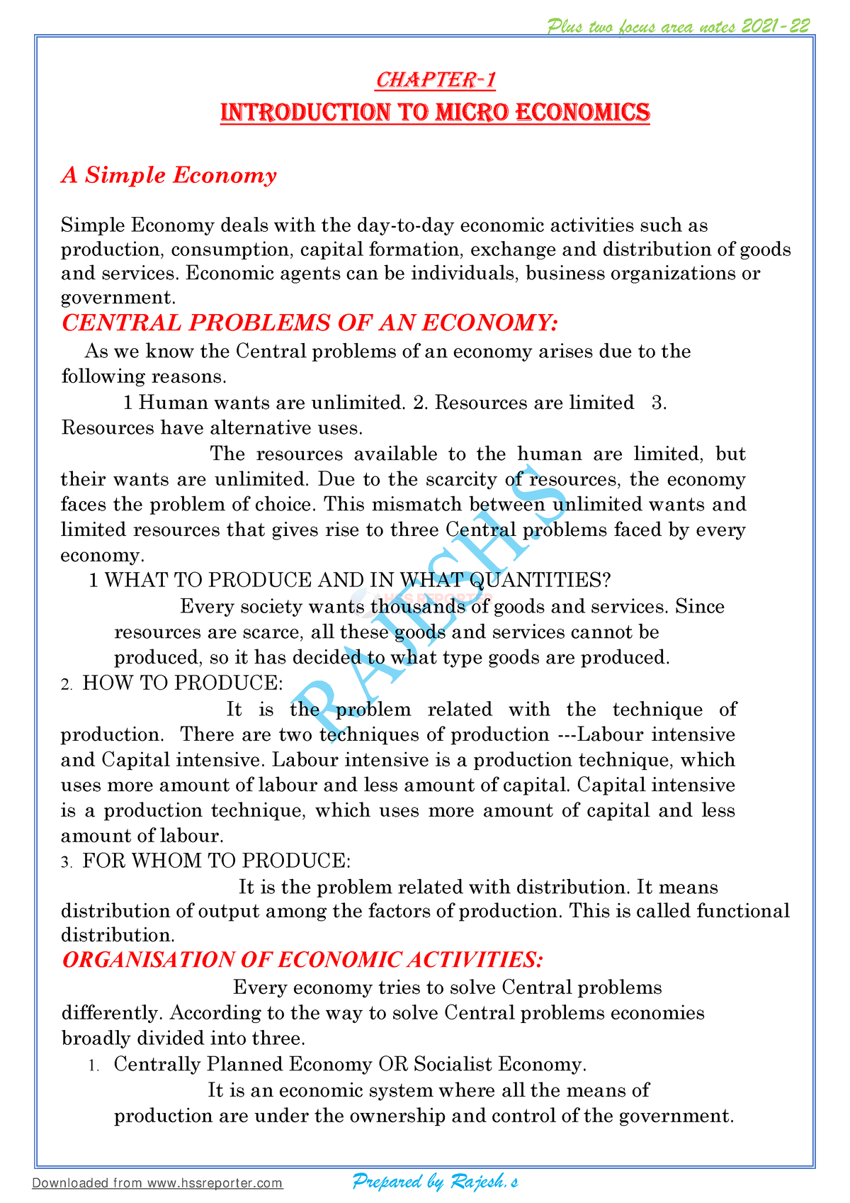 HSSRptr +2 Focus AREA Notes Economics 2021-22-Final - 1 Chapter ...