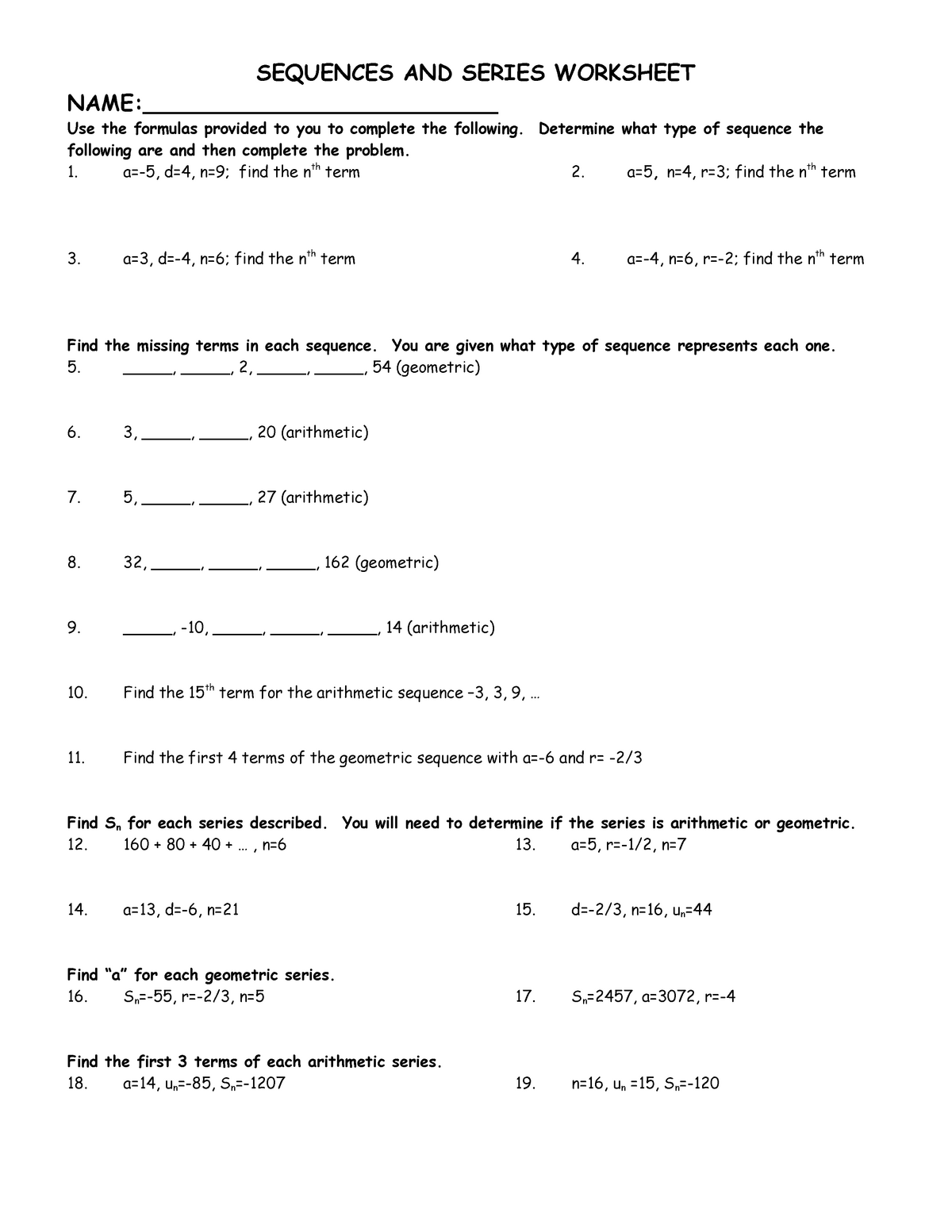 38 Arithmetic Sequences And Series Worksheet - Worksheet Source 2021