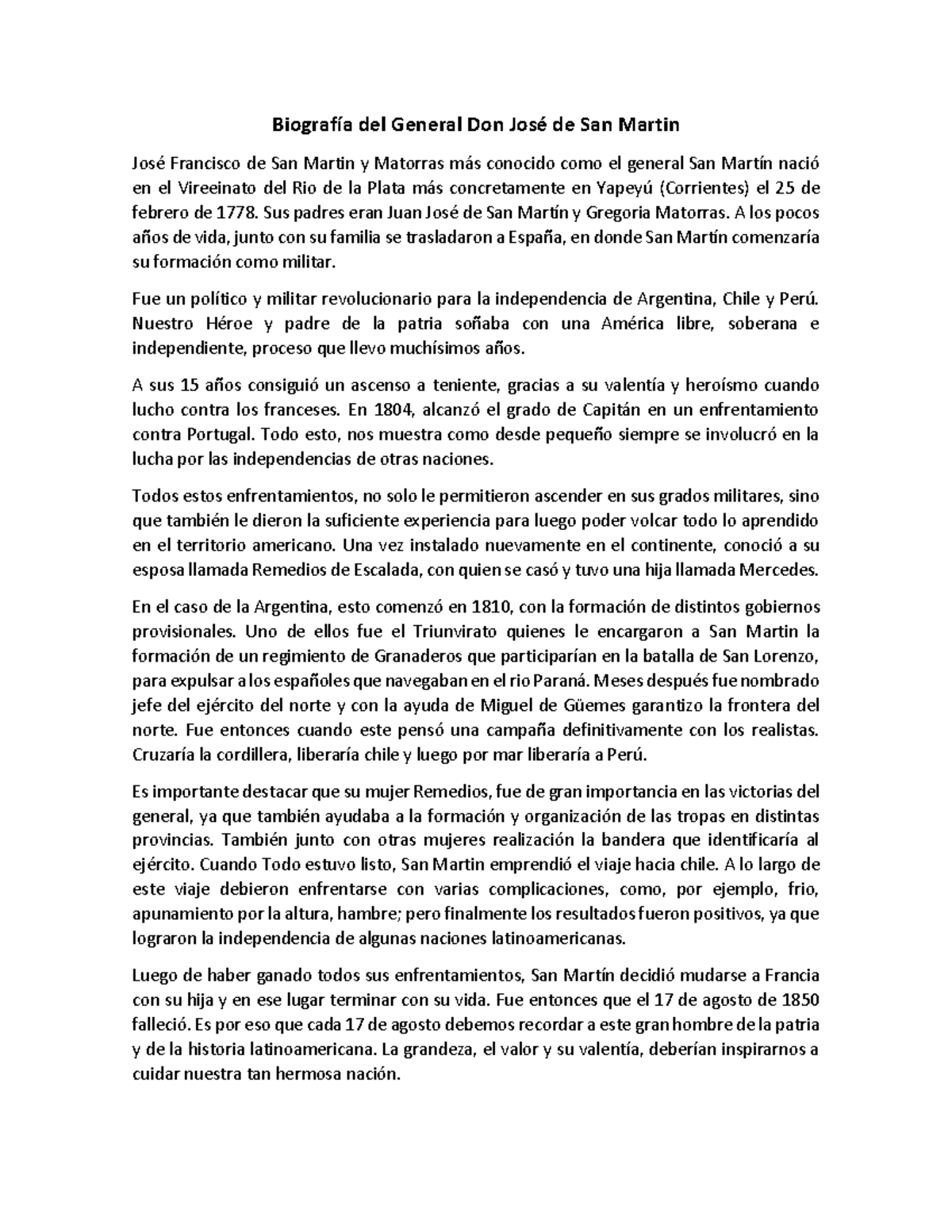 Biografía del General Don José de San Martin - BiografÌa del General ...