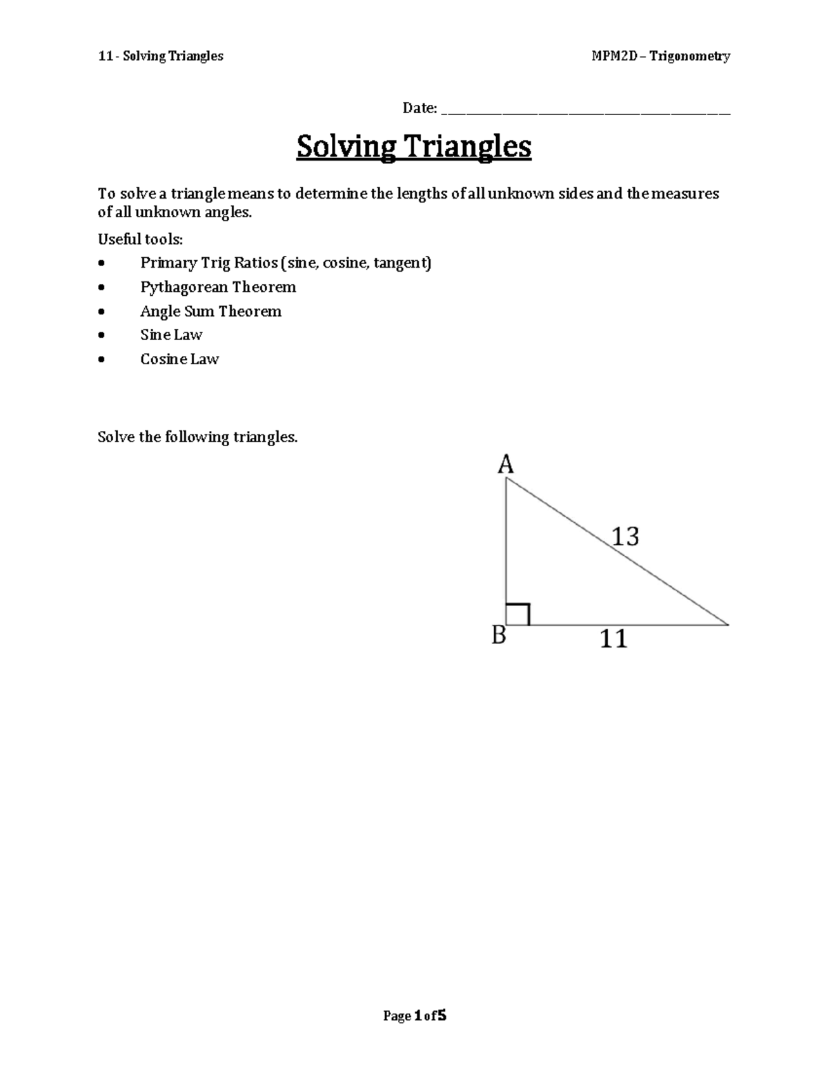 11 - Solving Triangles - Notes - Date ...