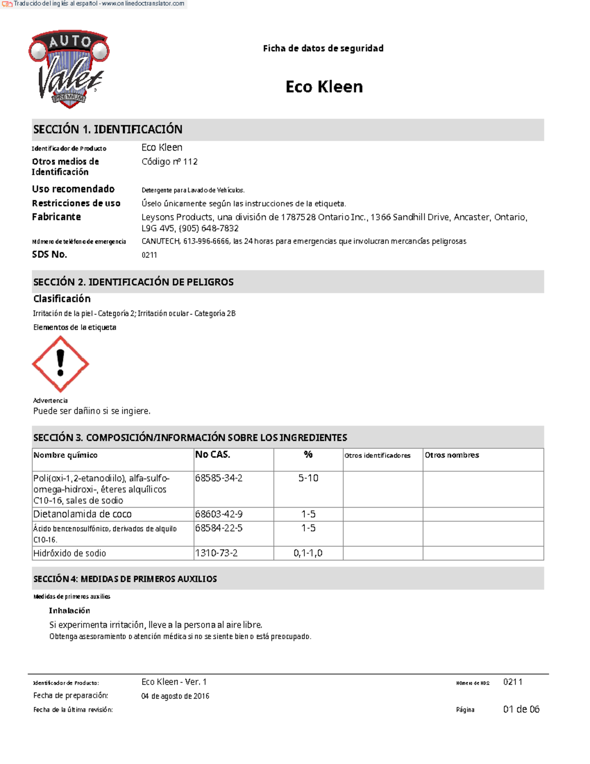 Ecokleen smp (español) - Ficha de datos de seguridad Eco Kleen SECCIÓN ...