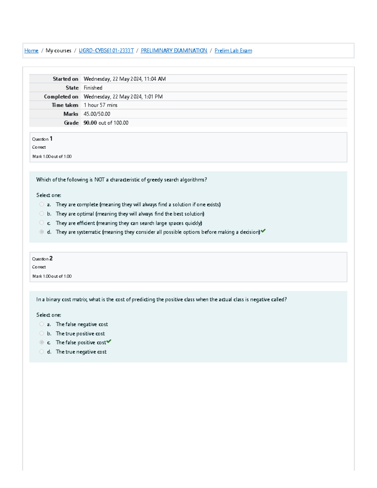 AI Prelims Labbbaedawdadad - Home / My courses / UGRD-CYBS6101-2333T ...