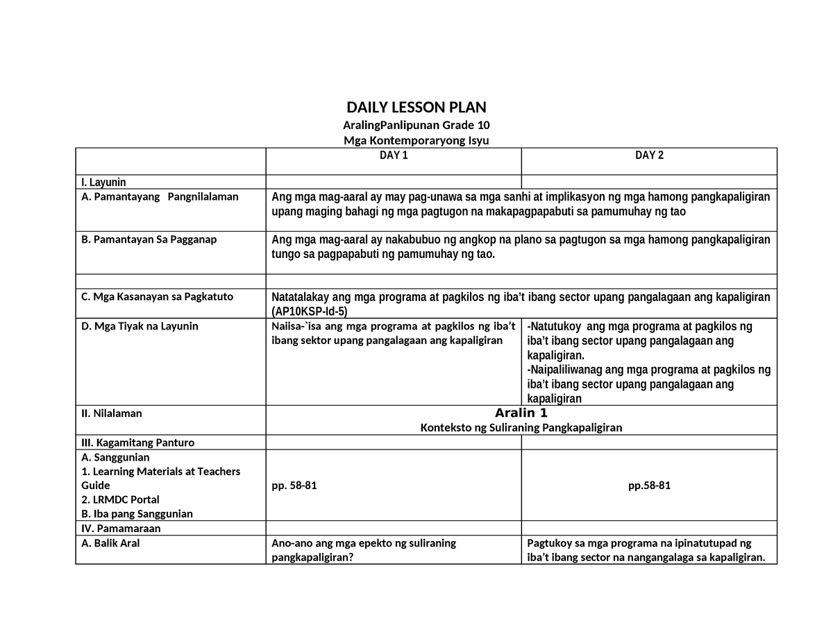 DLP Q1 - Suliraning Pangkapaligiran 3 - DAILY LESSON PLAN ...