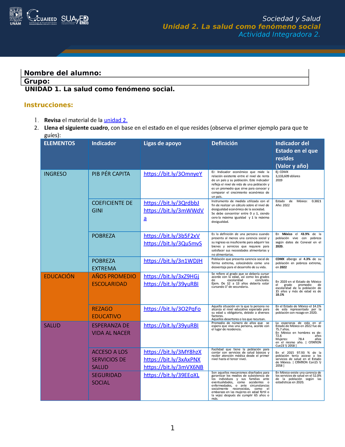 U2 Sociedad Y Salud - ACTIVIDAD INTEGRADORA UNIDAD 2 - Unidad 2. La ...