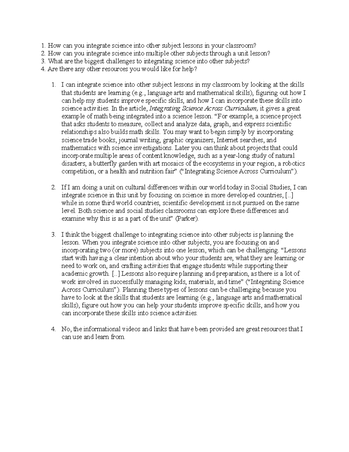 Week 12 Discussion - How can you integrate science into other subject