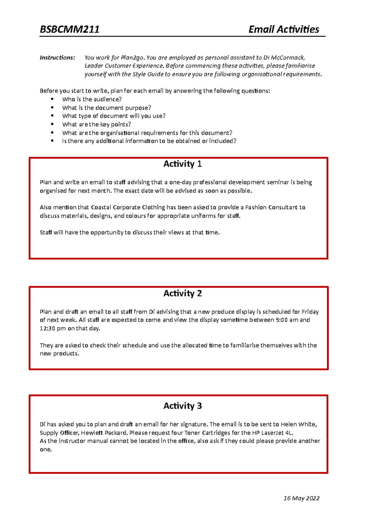 Writing Activity Emails BSBCMM211 Email Activities Instructions