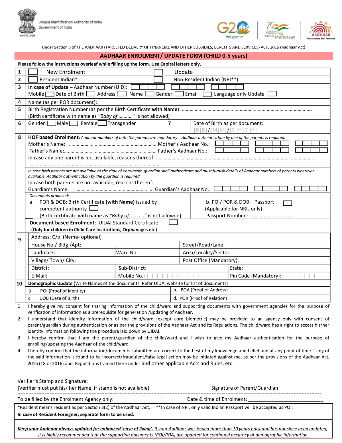 Enrolment- Update Form child 0-5 years v5pdf - Under Section 3 of THE ...