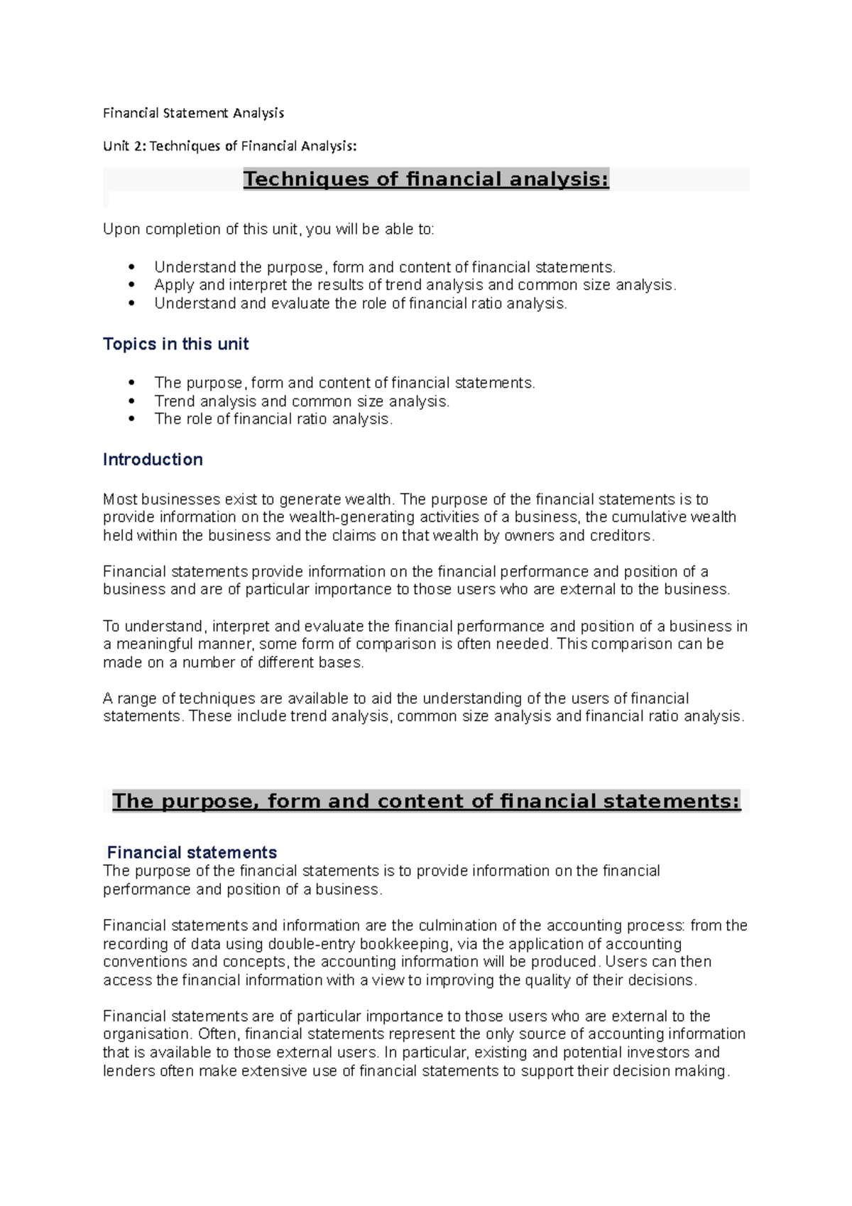 Techniques of Financial Analysis UNIT 2 - Financial Statement Analysis ...