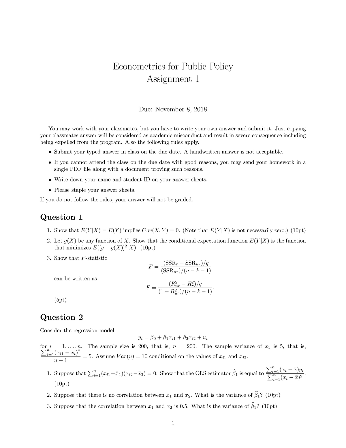Assignment 1 Econometrics I Fec Et4501l1 Studocu