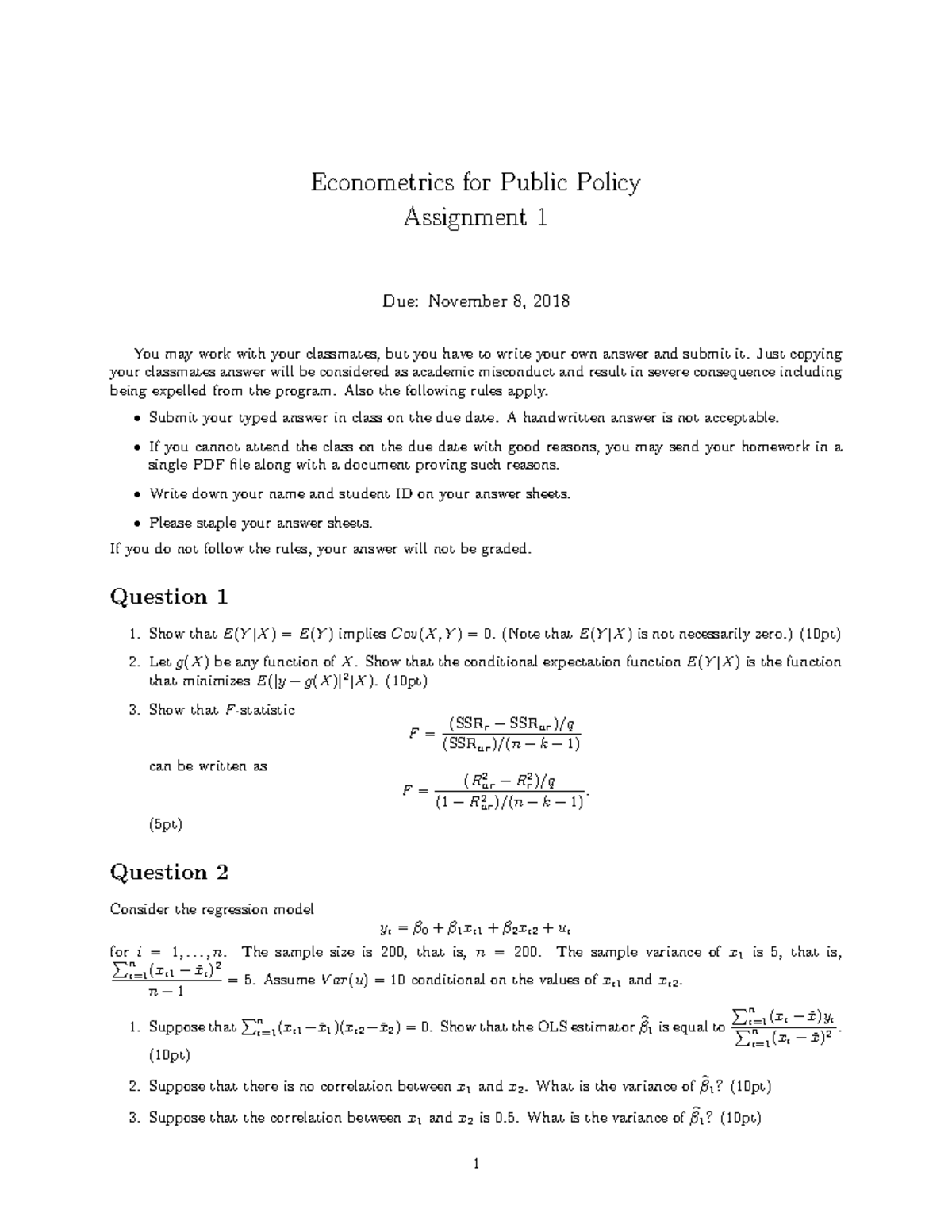 Assignment 1 Econometrics I Fec Et4501l1 Studocu