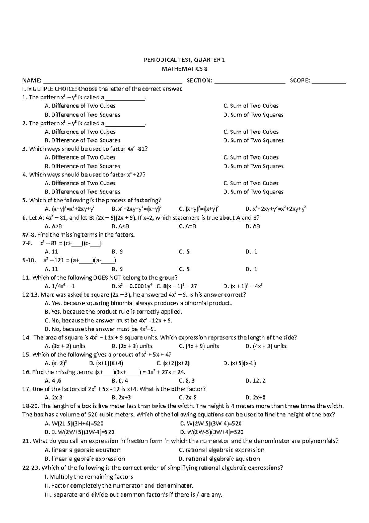 Quarter 1 Periodical Test - PERIODICAL TEST, QUARTER 1 MATHEMATICS 8 ...