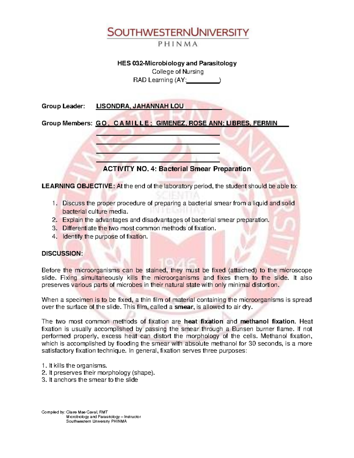 HES 032 LAB Activity 4 - study well - Compiled by: Claire Mae Caval ...