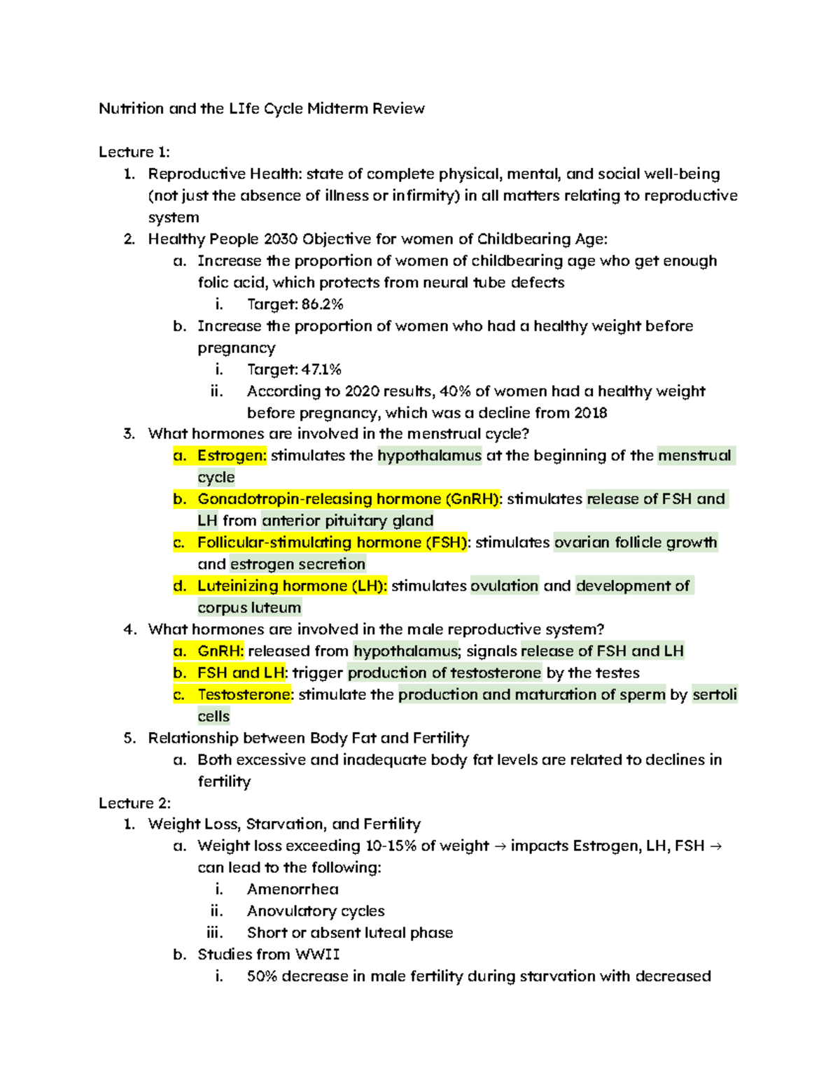 Nutrition and the LIfe Cycle Midterm Review - Reproductive Health ...