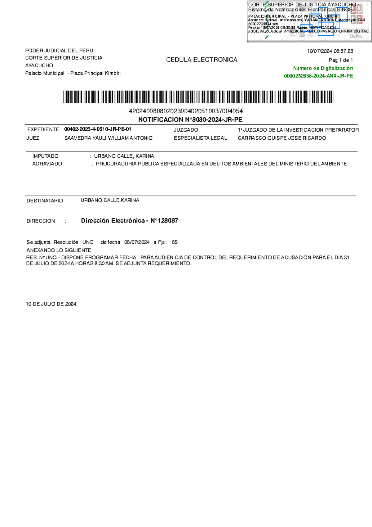 Exp. 00402-2023-4-0510-JR-PE-01 - Requerimiento - NOTIFICACION N° 8080 ...