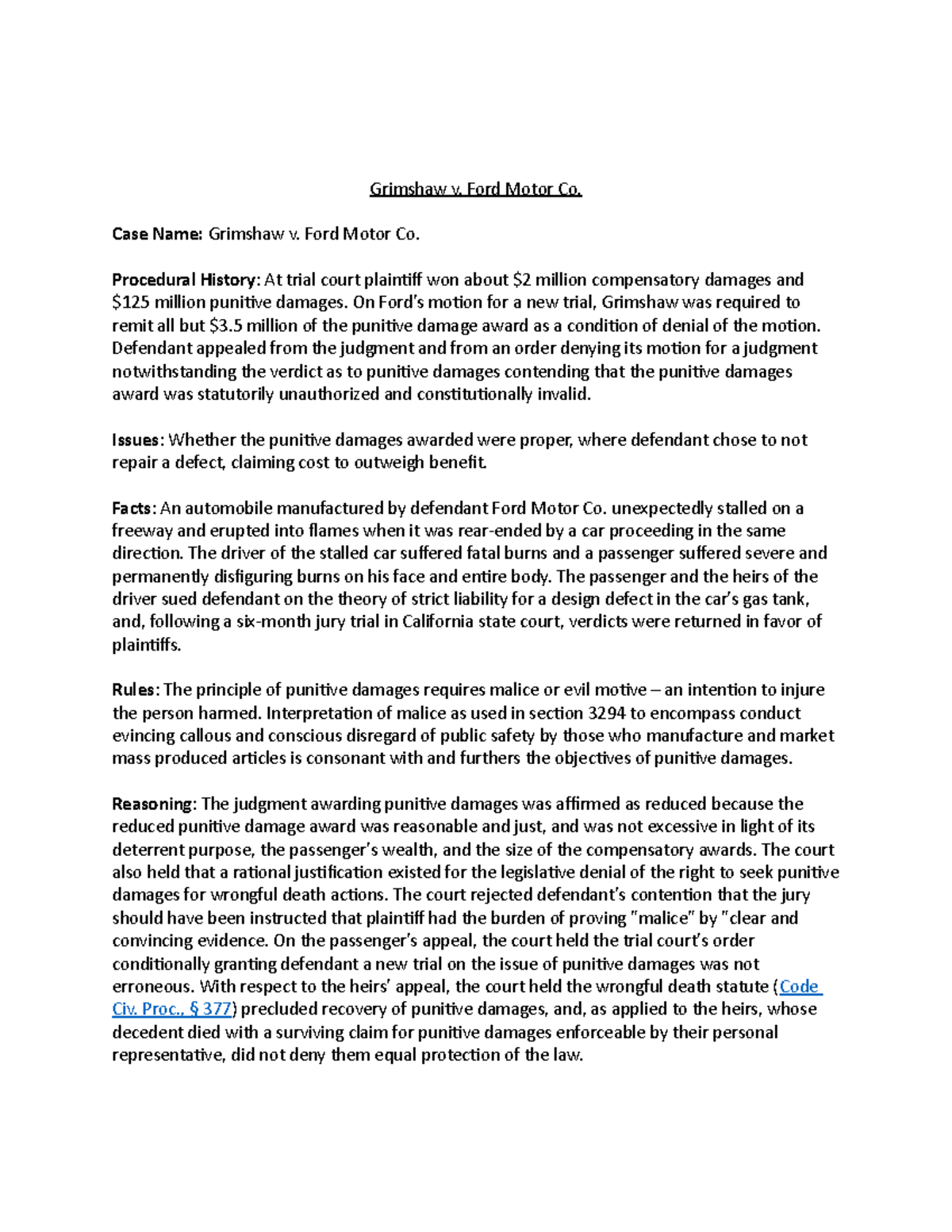 Grimshaw v Ford Motor Co Case Brief Grimshaw v. Ford Motor Co. Case
