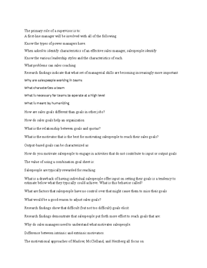 Study Guide EX 2[59] - Sales Management Chapters 5-8 - The primary role ...