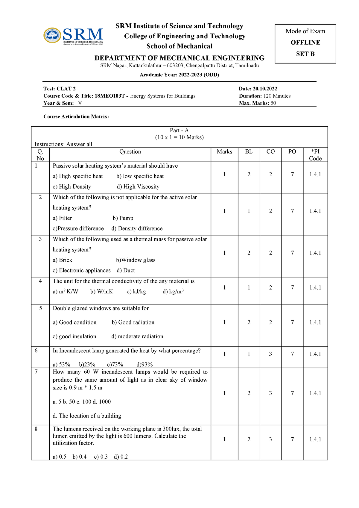 CT2 SET B Answerkey - abc - SRM Institute of Science and Technology ...