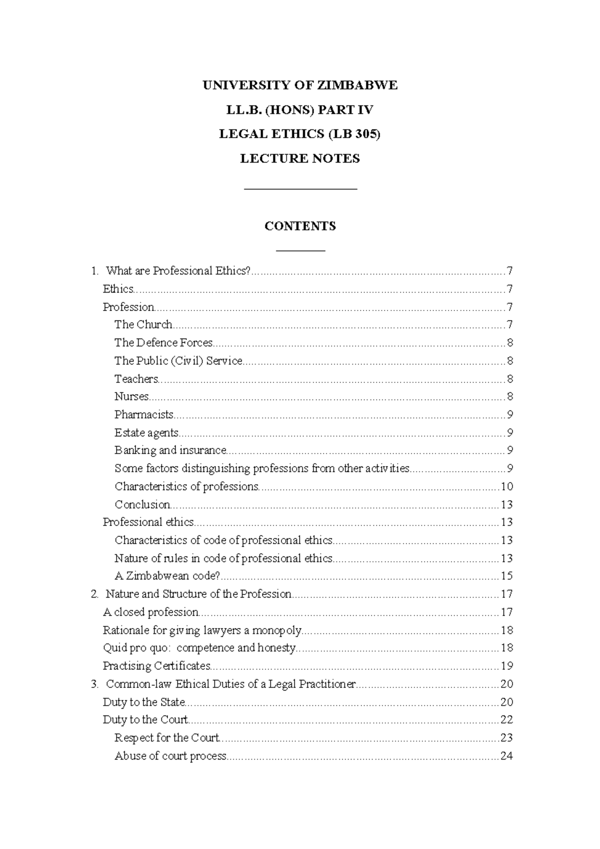 Ethics Notes v delivered by Muyambo UNIVERSITY OF ZIMBABWE LL
