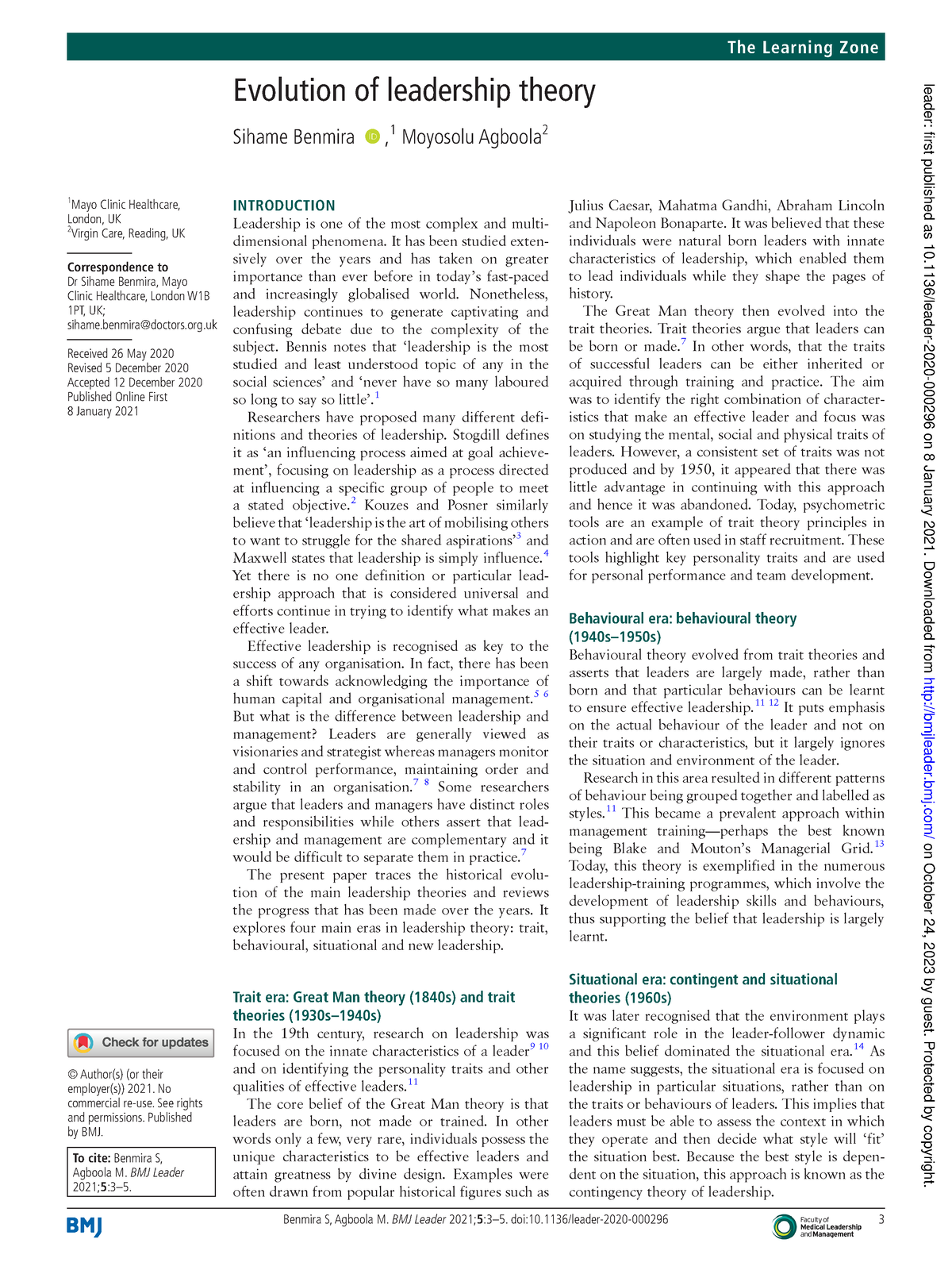 Evolution Of Leadership Theory - Benmira S, Agboola M. BMJ Leader 2021 ...