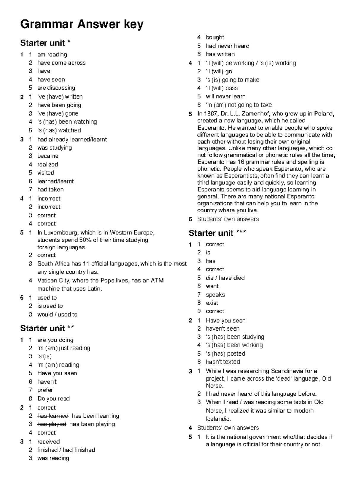 Answer Key GR Starter Unit - Grammar Answer key Starter unit * 1 1 am ...