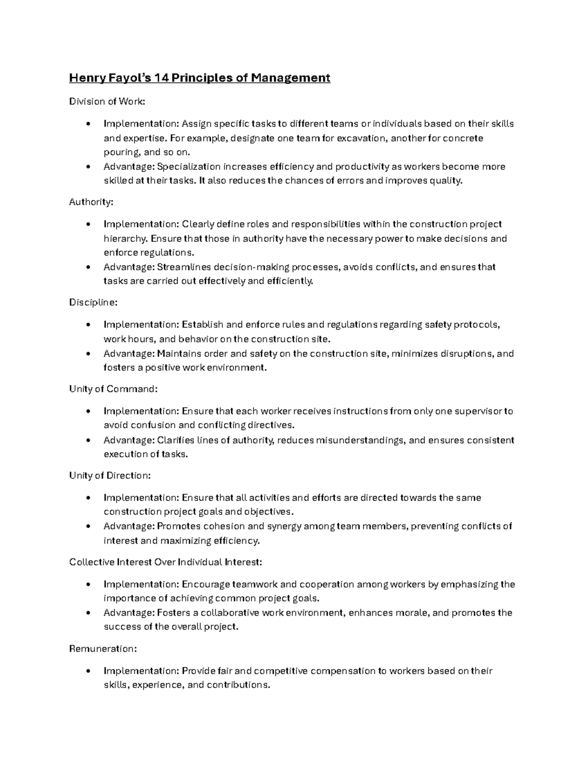 Document 1 - Henry Fayol’s 14 Principles of Management Division of Work ...