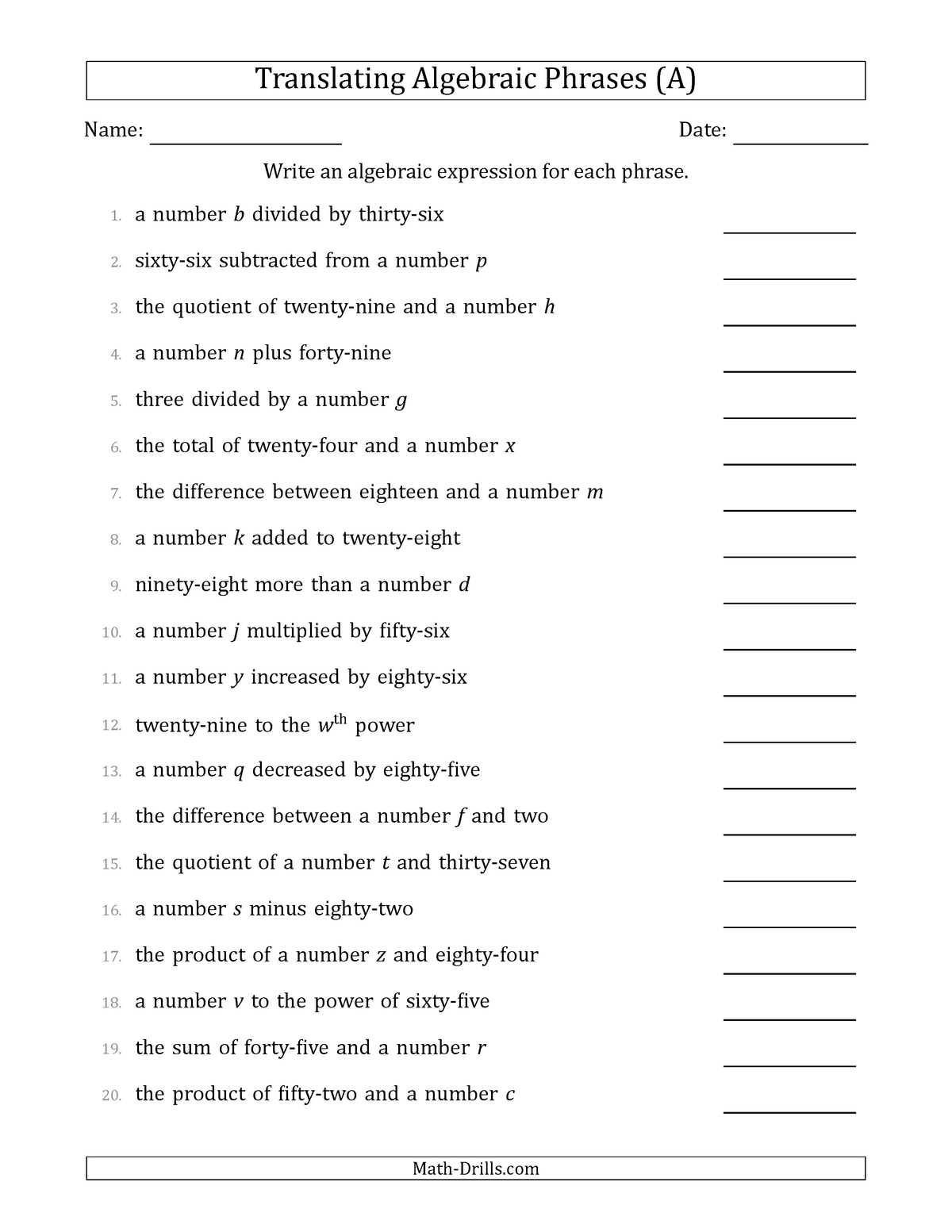 Algebra translating algebraic phrases 22 - M E STU 22 Regarding Translating Algebraic Expressions Worksheet