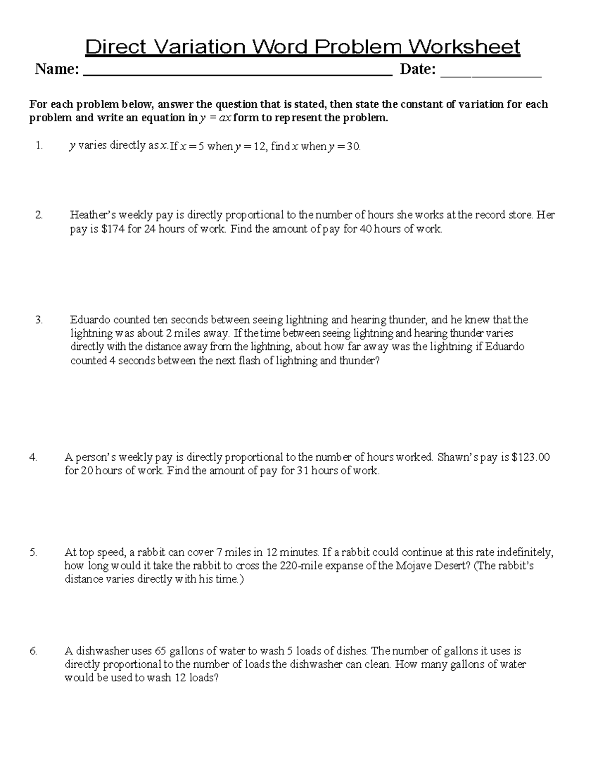 A.8 Direct Variation word problems Worksheet - Direct Variation Word ...
