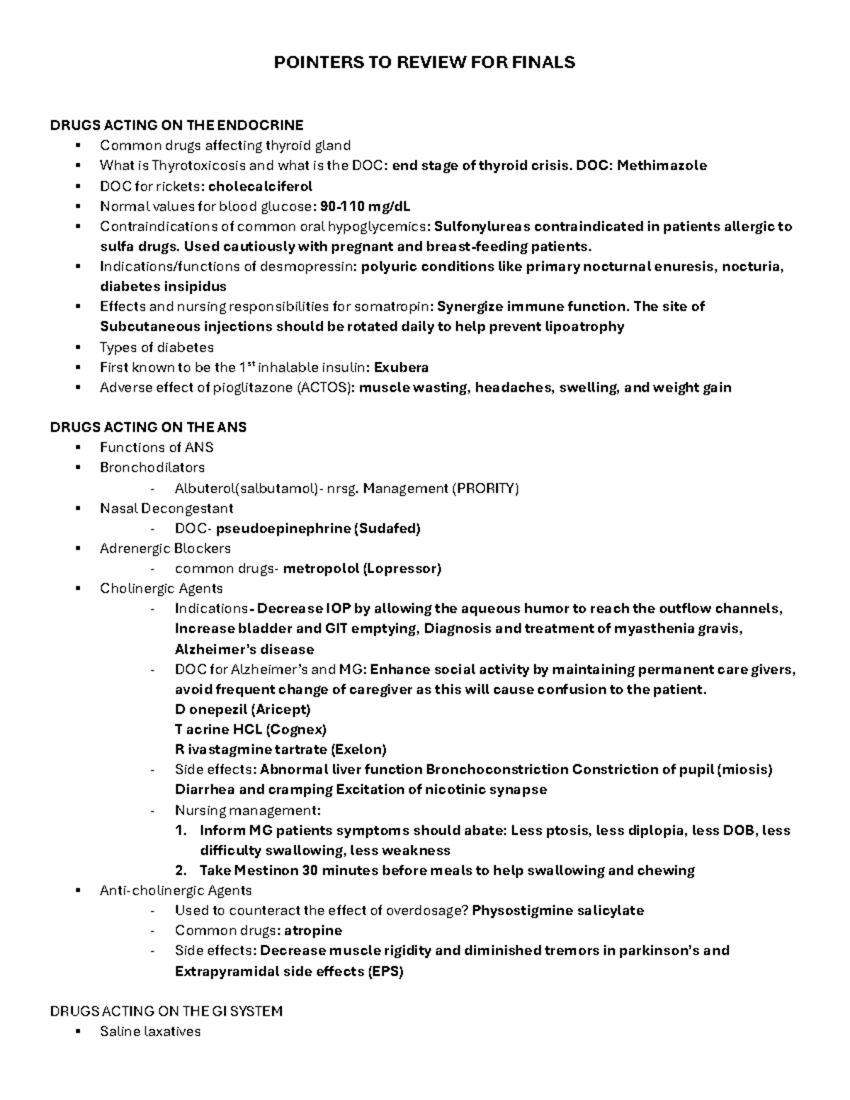Pointers - pnn - POINTERS TO REVIEW FOR FINALS DRUGS ACTING ON THE ...