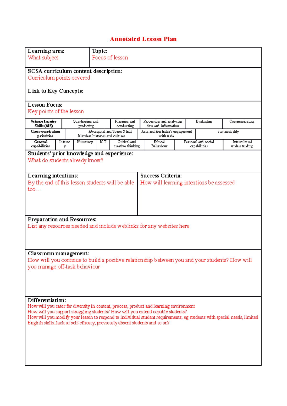 Annotated Lesson plan - Annotated Lesson Plan Learning area: What ...