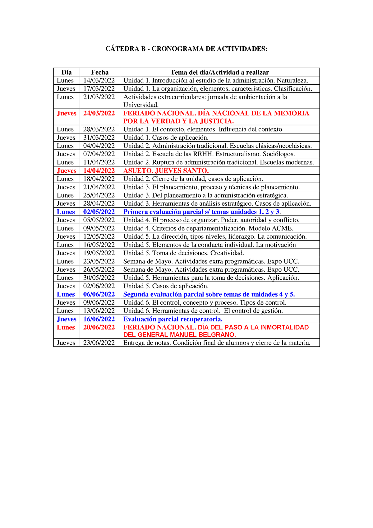 Cronograma - CÁTEDRA B - CRONOGRAMA DE ACTIVIDADES: Día Fecha Tema Del ...