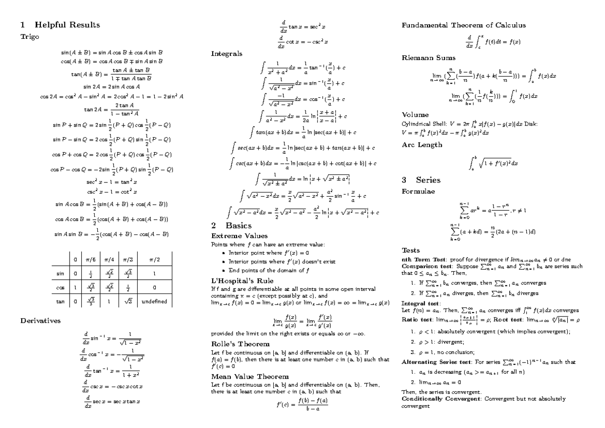 MA1521 Cheatsheet 1 Helpful Results Trigo Sin A B Sin A Cos B 