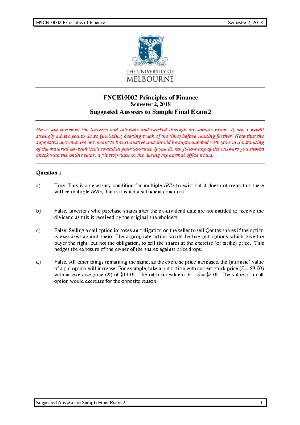 Exam 1 January, questions - FNCE10002 Principles of Finance Semester 2 ...